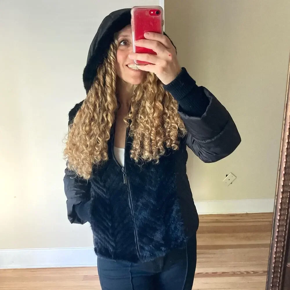 Max & Moi‎ Paris fur quilted hooded puffer bomber jacket black sweater sleeve